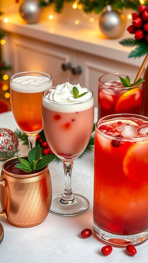 Festive Christmas Cocktails and Mocktails A festive table with Christmas cocktails and mocktails, including a cranberry Moscow Mule, spiced eggnog, cranberry sparkler, and holiday punch.